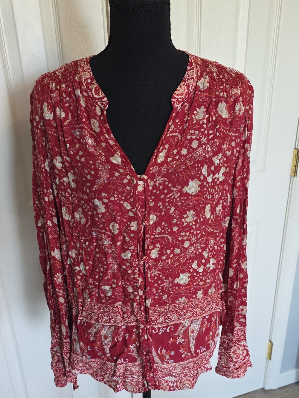 Lucky Brand Red Floral Button-Front Long Sleeve Dress Top